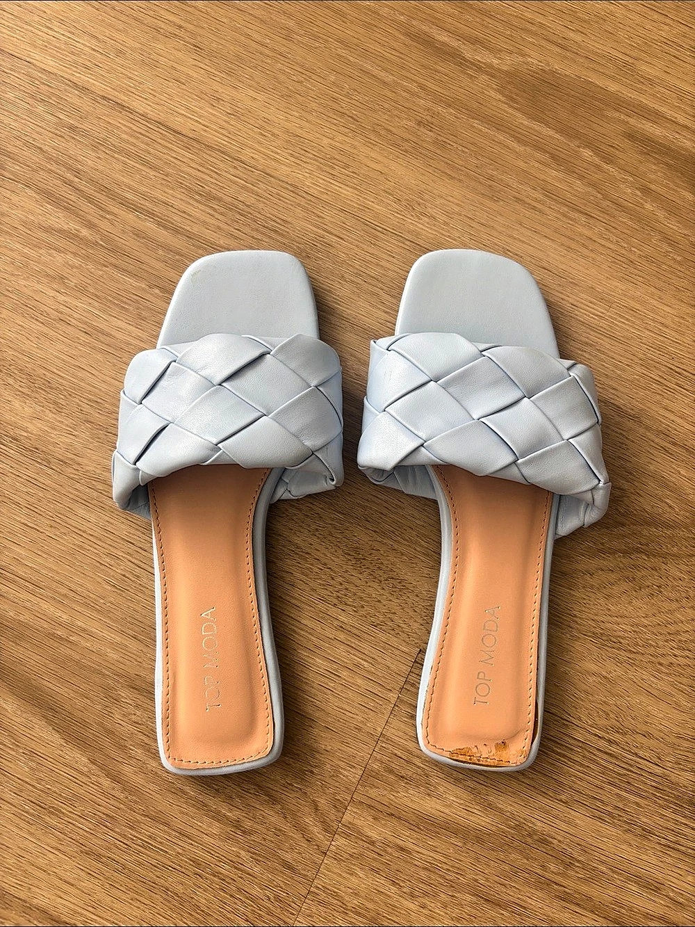 Top Moda Woven Square-Toe Slide Sandals in Baby Blue